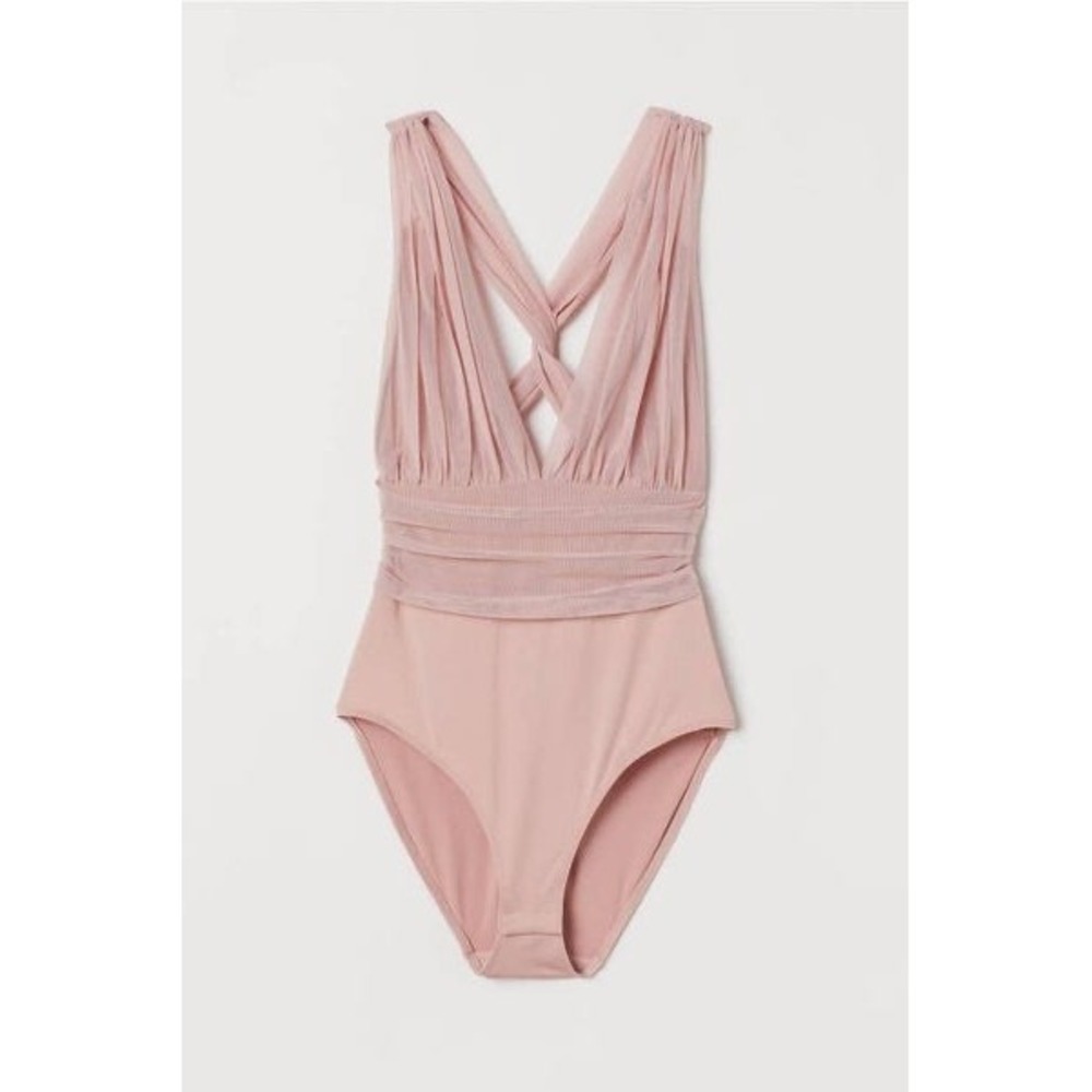H&M Pink Bodysuit Sleeveless Criss Cross Ruched Mesh Top Elegant Women's Size 2